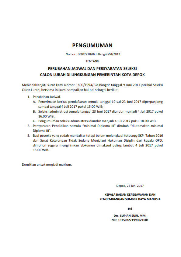 Pengumuman Calon Lurah