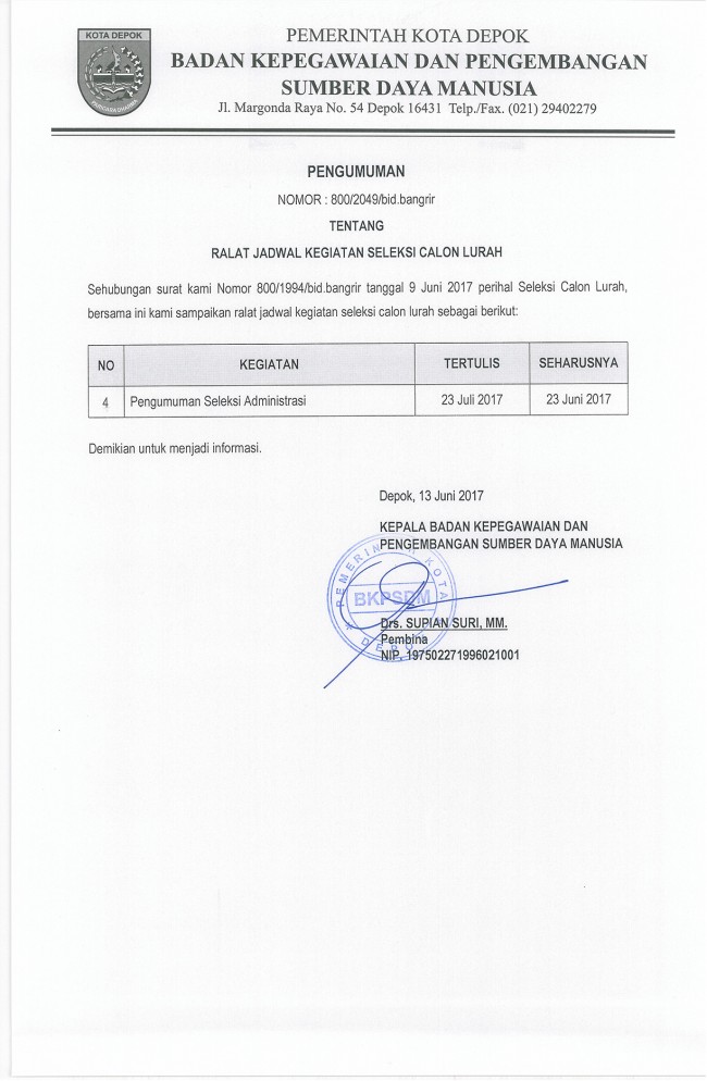 Perubahan Jadwal Tahapan Seleksi Lurah