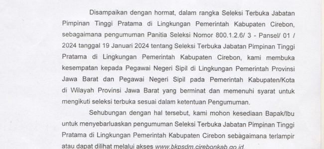 Pengumuman Seleksi Terbuka JPTP PemKab Cirebon
